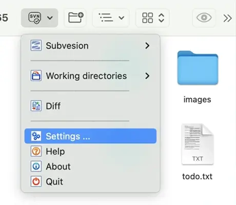 macSvn Finder toolbar settings menu