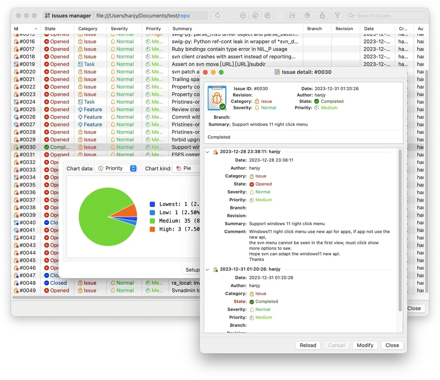 Bug tracker window of macSvn