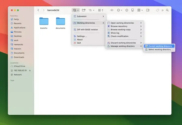 Manager working copy menu of macSvn